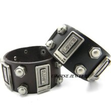 Fashion Mens Cool Screw Square Button Wide Leather Charm Wristband Bracelet