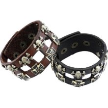 Fashion Mens Cool Skull Cross Button Wide Leather Wristband Charm Bracelet