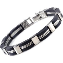 Fashion Men's Stainless Steel Black Rubber Bracelet Link Wristband Bangle 8.5