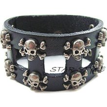 Fashion Punk Cool Mens Skull Bone Wide Leather Wristband Charm Bracelet
