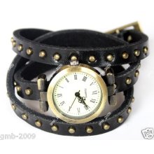 Fashion Punk Gothic Cuff Leather Long Strap Bracelet Wrist Watch Quartz Gift