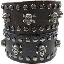 Fashion Punk Mens Womens Skull Button Wide Leather Wristband Charm Bracelet