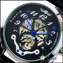 Fashion Skeleton Automatic Mechanical Leather Fashion Mens Wrist Watch Dial