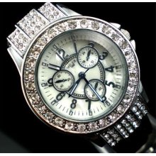 Fashion Women Lady Crystal Decorated Wrist Watch Black Strap White Face
