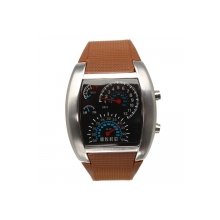Fashionable Blue LED Light Steel Case Aviation Speedometer Analog Wrist Watch Brown
