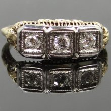 Feminine Two Tone Art Deco Filigree Three Diamond Ring - RGDI261P