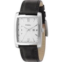 Fossil Brand Mens Watch Black Leather Pr5324 Silver Dial Rectangluar Classic