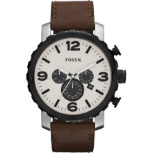Fossil Mens Nate Chronograph Stainless Watch - Brown Leather Strap - White Dial - JR1390