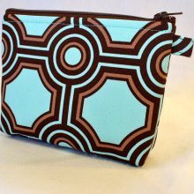 Gadget Pouch Cosmetic Bag Joel Dewberry Fabric Zipper Pouch Makeup Bag Cotton Zip Pouch Square Tiles Aqua Brown Geometric Handmade