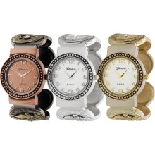 Geneva Platinum Women's Rhinestone Fleur de Lis Heart Cuff Watch (Silver)