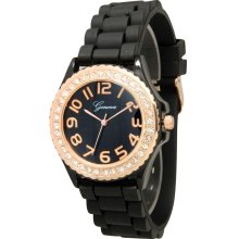 Geneva White/black Rose Gold Face Silicone Rubber Jelly Watch With Crystals
