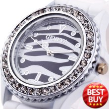 Geneva Zebra Crystal Light Jelly Women Girl Wrist Watch White Rubber Jewel Clock