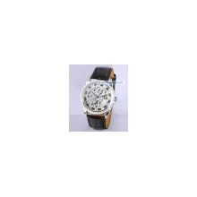 Gent Mens Silver Skeleton Hollow Movt Mechanical Wrist Watch Automatic Leather Y079