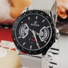 Goer Black Silver Ultrathin Steel Band Mens Self Wind Mechanical Wrist Watch