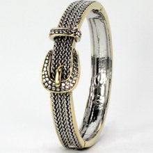 Gold & Silverone Buckle Cuff Bangle Bracelet With Hinge B7101