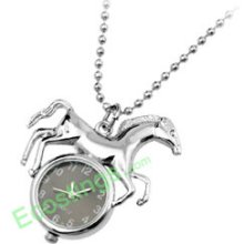 Good Jewelry Silvery Horse Pendant Ladies Necklace Watch Gray Dial