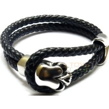 Gothic Silver Steel Skull Clasp Double Braided Black Leather Knot Lock Bracelet