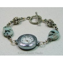 Green Grey White Dalmation Jasper Gemstone Beaded Watch Bracelet