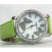 Green Strap Chronovski Butterfly Crystal Watches Als12
