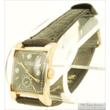 Gruen 17J vintage wrist watch, heavy 14k gold rectangular case, mint black dial with diamond markers