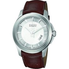 Gucci Timeless Silver Dial Brown Leather Strap Mens Watch Ya126216