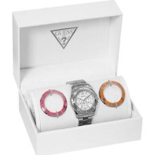 Guess Lady Watch Silver Ss Bracelet Gift Box Set W13549l1 Date Orange Pink