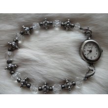 Handmade Interchangeable Beaded Bracelet-Watch ('antique silver-plated')