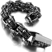 Heavy Stainless Steel Bangle Bracelet Chain Men Silver Cross Flower Xb0201