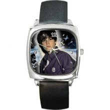 Hello Justin Bieber Collectible Photo Silvertone Square Metal Leather Band Watch