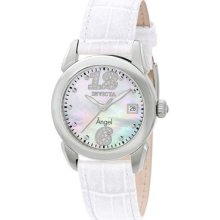 Invicta Womens Angel Diamond Accented Swiss Mop Dial White Leather Strap Watch