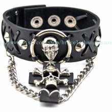 Jewelry bangle skull bracelet leather bracelet men bracelet fashion bracelet made of black leather and metal skull wrist bracelet sh-0061