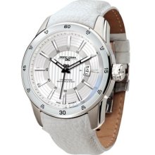 Jorg Gray 3700 Circle And Stripe Steel Watch - White Dial, White Leather Strap