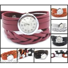 Jq Luxury Elegant Weaving Twice Women's Leather Plait Band Wristwatch White/red.