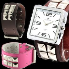 K0615 Steel Square Men/women Punk/rock Watch Pyramid Stud Brown/pink Leather