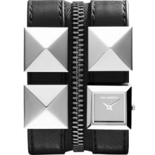 Karl Lagerfeld Watch, Womens Stainless Steel Stud and Black Leather Do