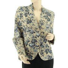 Kate Hill Knaki Blue Flowers Petite Womens Linen Blazer Jacket Us 8p