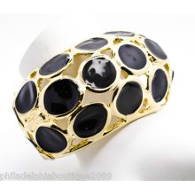 Kenneth Jay Lane Golden Black Enamel Disc Cuff Bracelet