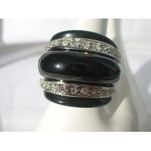 Kenneth Jay Lane Silver Crystal Ribs Black Dome Ring Rrp Â£108.33