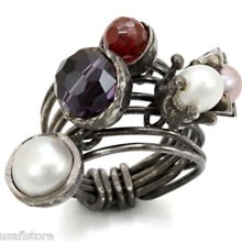 Ladies Antique Tone Old Design Multi Color Stones Classic Ring Size 7