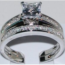Ladies Classic Sterling Cz Princess Cut Wedding Engagement 2 Ring Set Sz 8