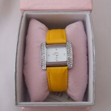 Ladies Glam Watch White Oblong Face Stones Down Sides Yellow Strap