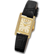 Ladies' Pulsar Swarovski Crystal Gold-Tone Black Strap Watch with