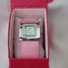 Ladies Square Face Watch Wide Surround Pink Strap