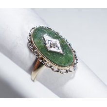 Ladies Vintage Jade And Diamond Ring Classic Oval Shape