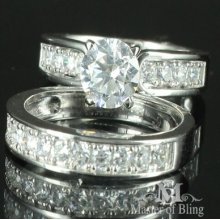 Ladies White Gold Finish Silver Simulated Diamond Solitaire Engagement Ring Band
