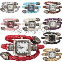 Lady Fashion Knitted Leather Band Bracelet Style Square Dial Quartz Wrist Watch