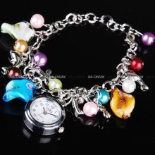 Lady Girl Charm Bracelet Bangle Dolphin Pendants Quartz Wrist Watch Gift