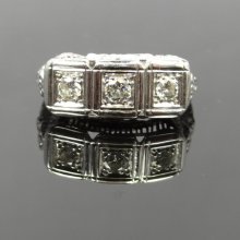 Large Geometric Art Deco Filigree White Gold Three Stone Diamond Cocktail Ring - RGDI259P