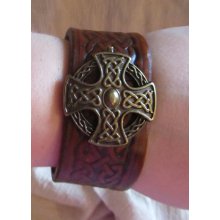 Leather Bracelet, Celtic Cross, Antique