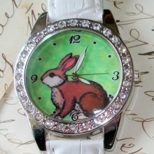 Little Brown Bunny Rhinestone Dial and Leather Band Wrist Watch C 398